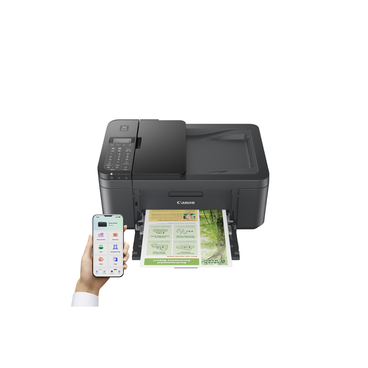 A Canon printer with a hand holding a phone displaying an app screen.
