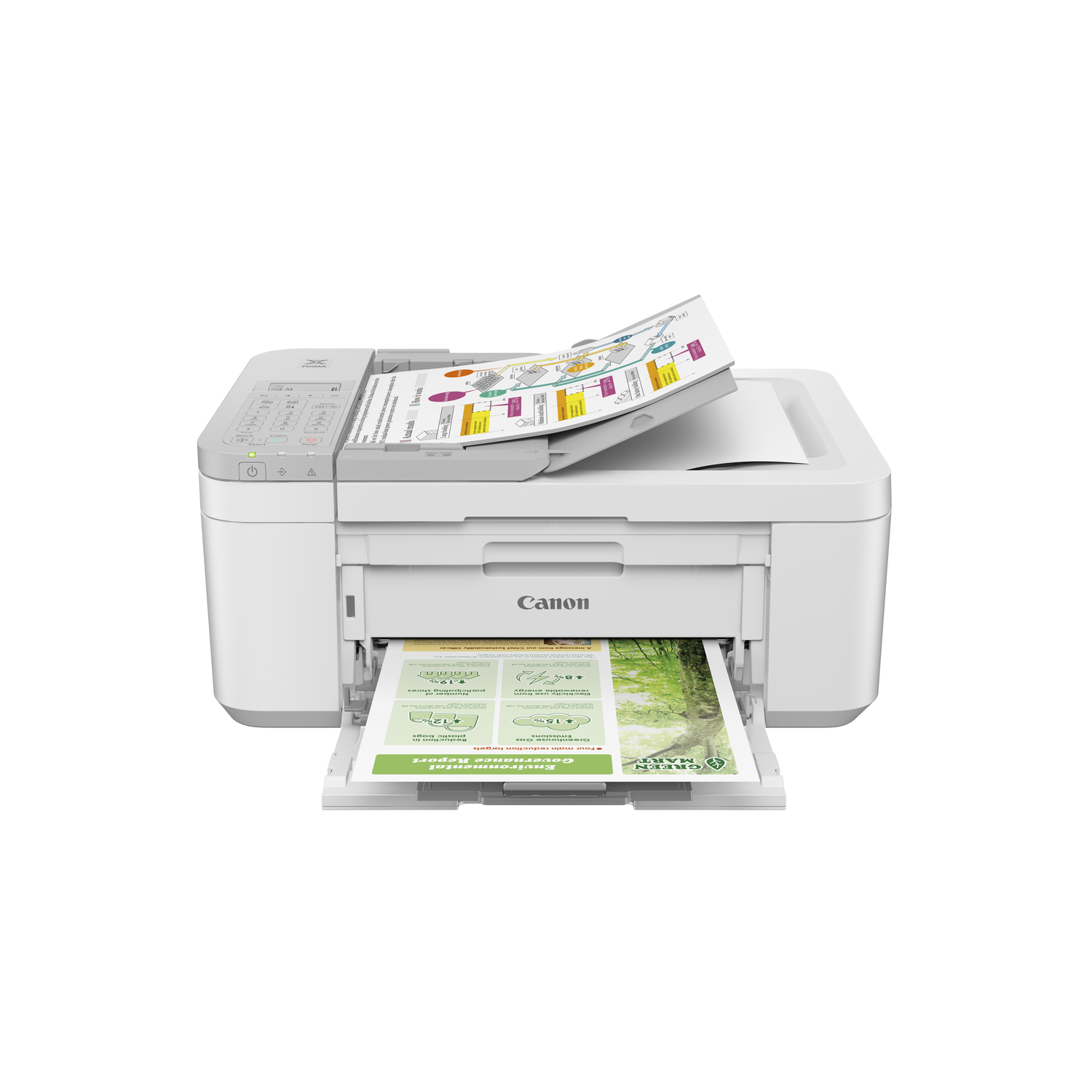 A white printer is shown printing a color report with charts and graphs.
