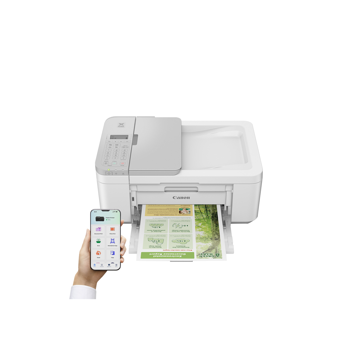 White Canon printer printing a document. A hand holds a phone displaying an app.
