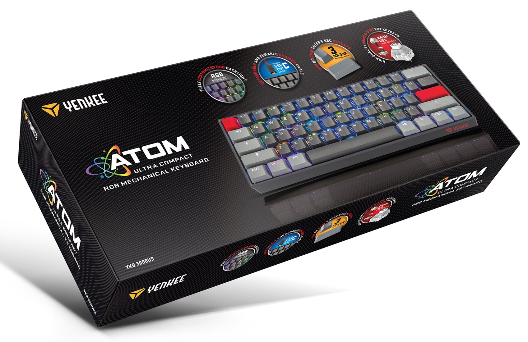 Billentyűzet doboz: YENKEE ATOM. Ultrakompakt RGB mechanikus billentyűzet. A csomag a billentyűzetet és a funkciókat mutatja.