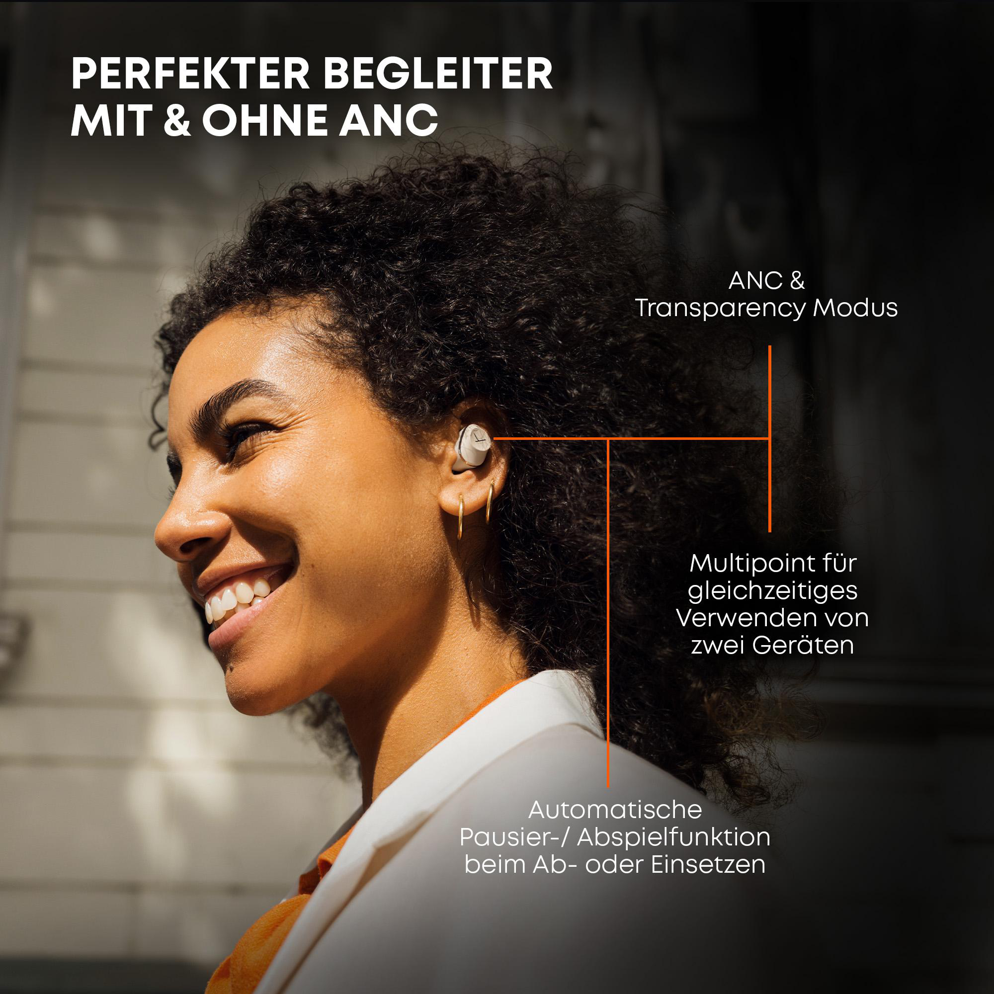 Frau mit Ohrhörern, lächelnd. Text und Grafiken weisen auf Funktionen wie ANC und Multipoint-Verbindung hin.