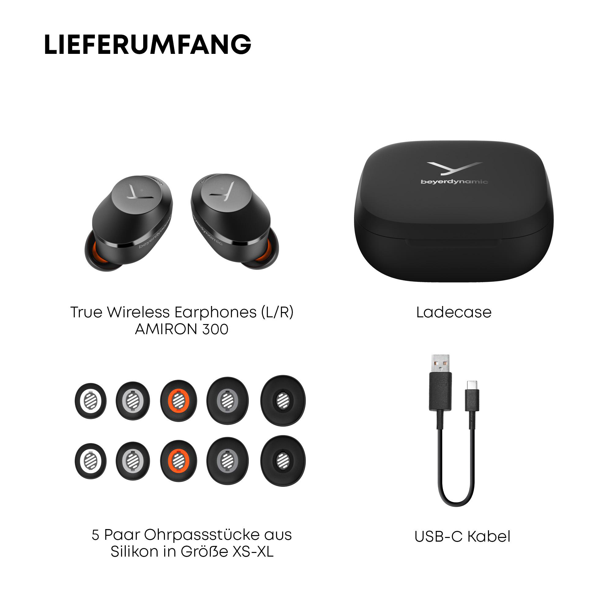 Ein Bild, das die Komponenten von True Wireless Earphones zeigt. Enthält Ohrhörer, ein Case und Zubehör.