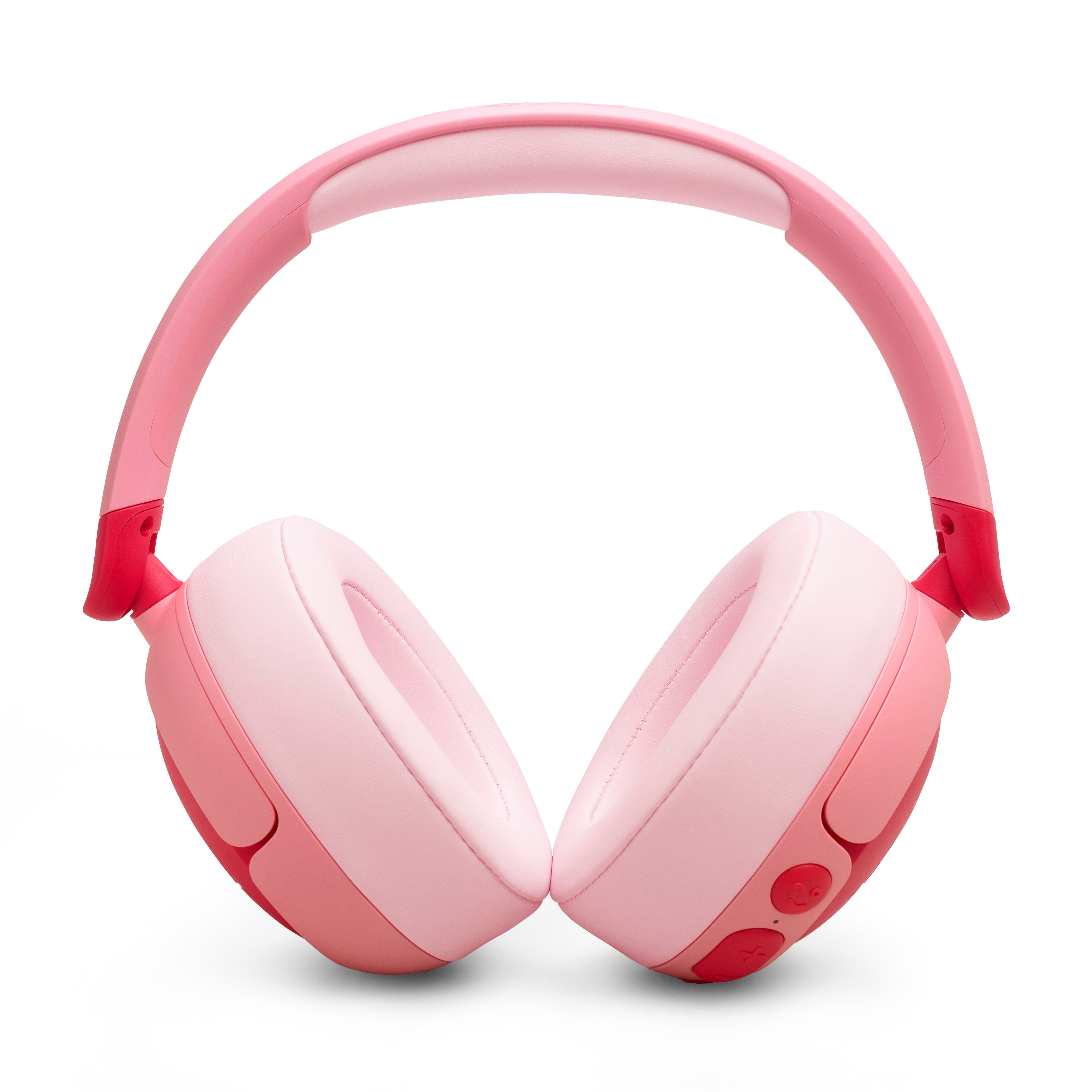 Drahtlose rosa Kopfhörer mit rosa und weißen Ohrmuscheln und einem rosa Stirnband, isoliert.