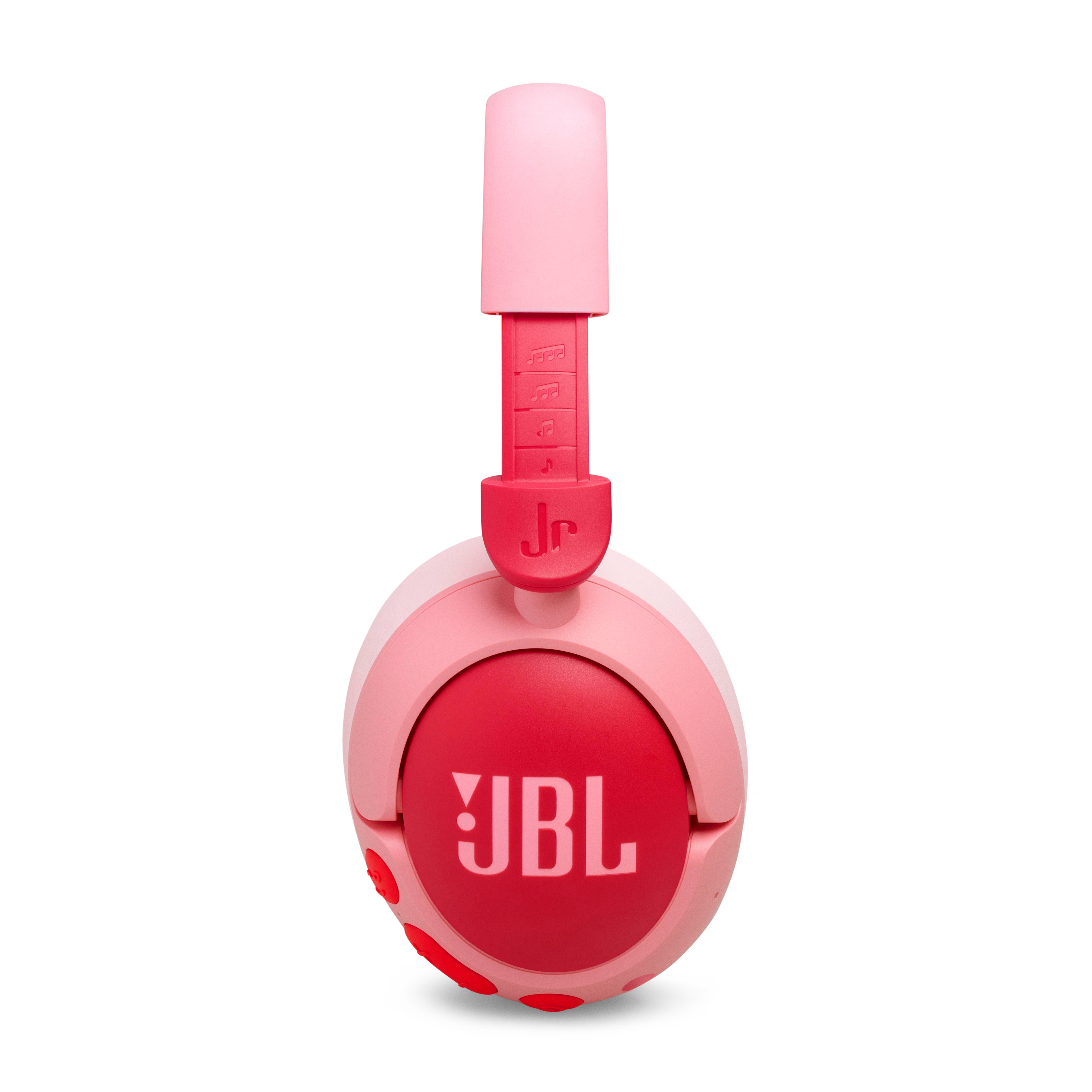 Pinke JBL Jr Kopfhörer auf weißem Hintergrund, mit roter Lautsprecherabdeckung und pinkem Bügel.