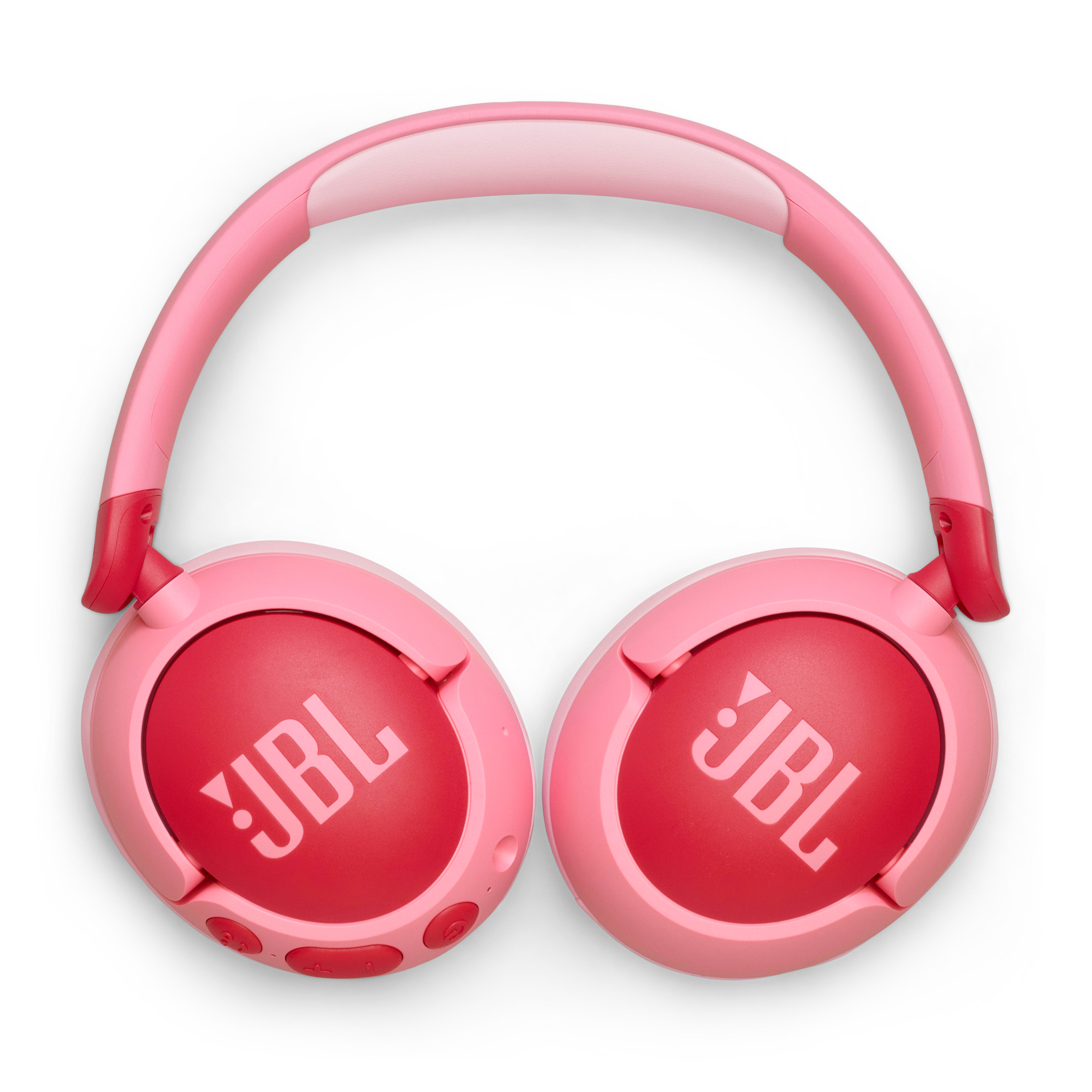 Pinke JBL-Kopfhörer. Die Ohrmuscheln sind pink mit roten JBL-Logos.