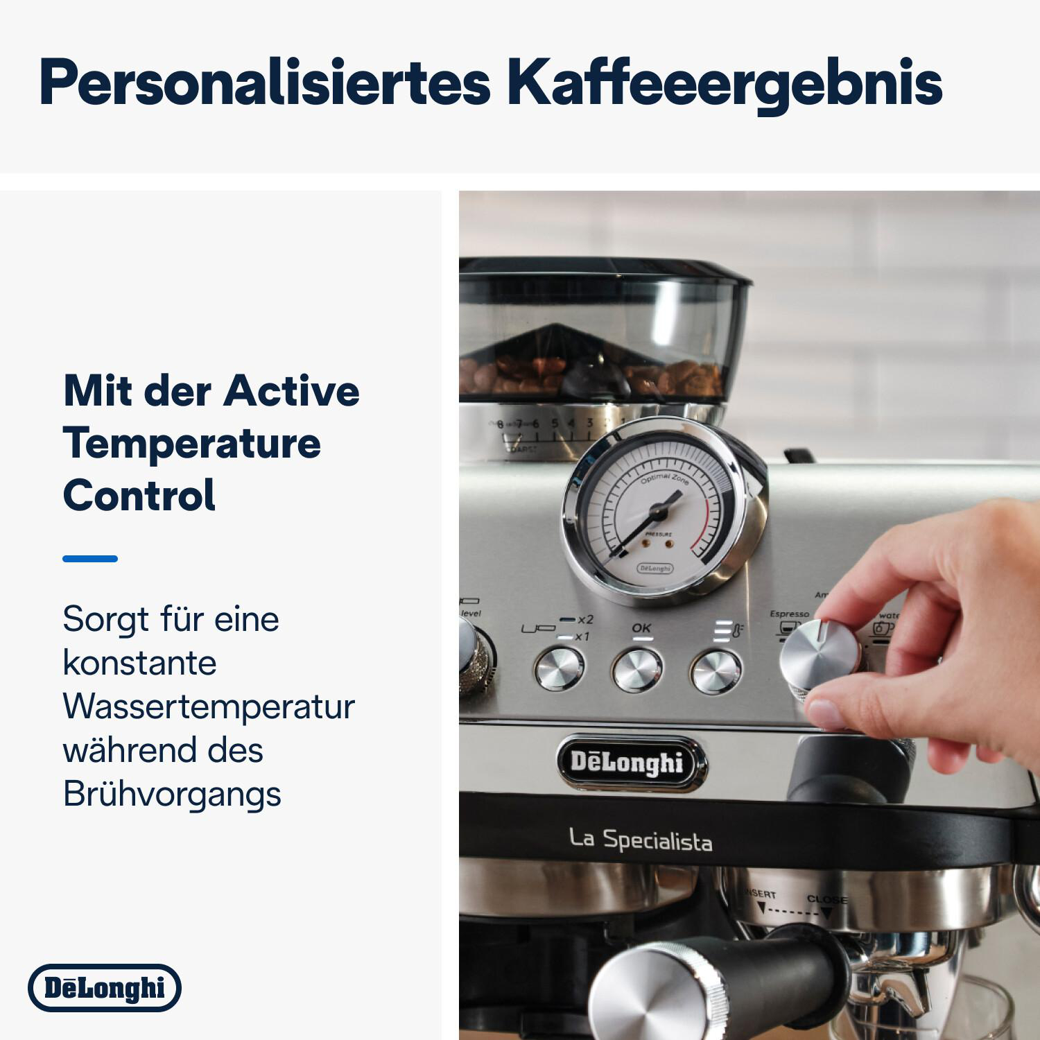 Die Hand einer Person, die den Drehknopf einer Kaffeemaschine einstellt. Text: Personalisierte Kaffeeergebnisse.