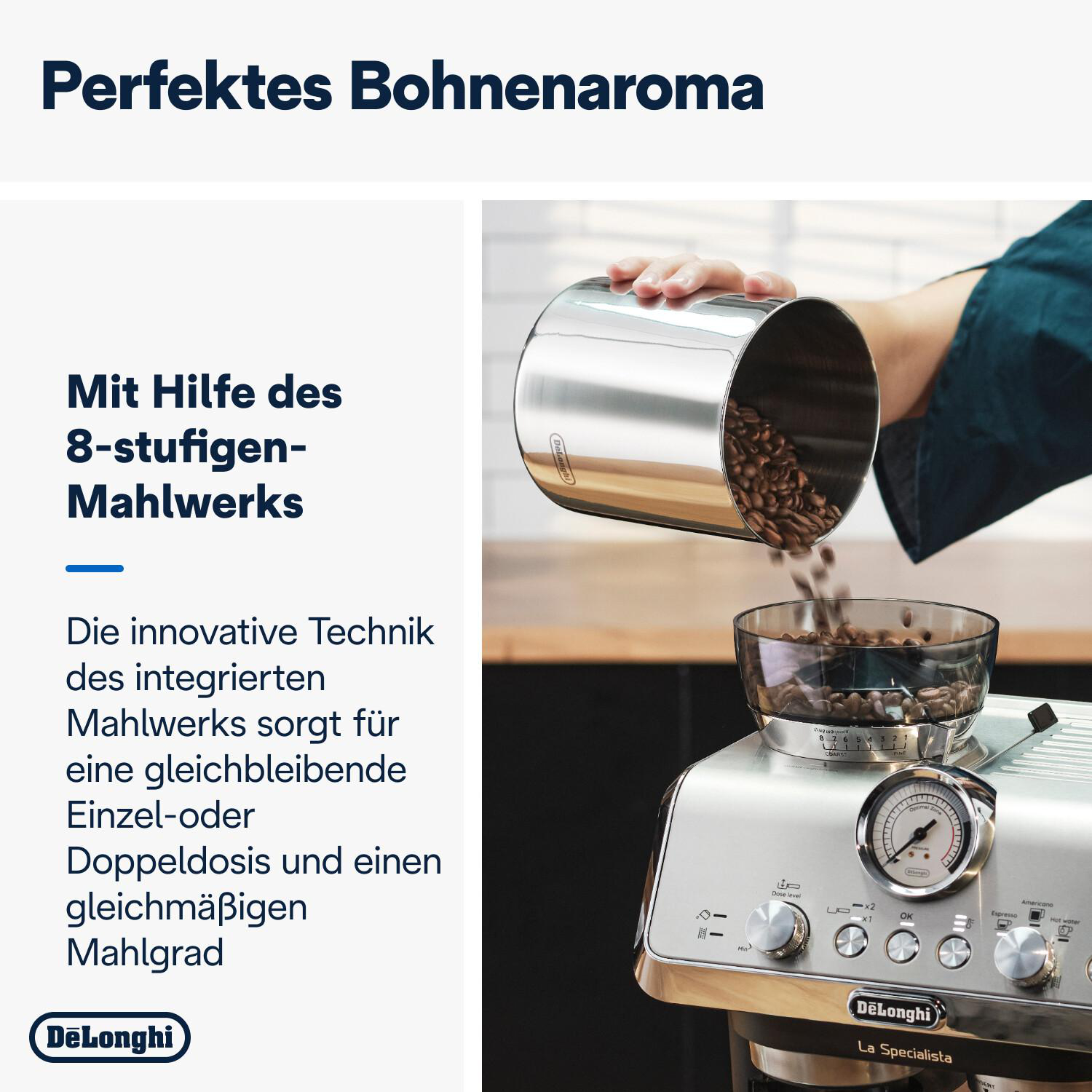 Person gießt Kaffeebohnen in eine Mühle, Kaffeemaschine daneben.