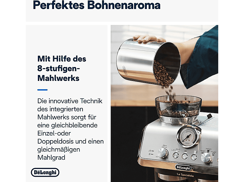DELONGHI La Specialista Arte EC9155.MB - 8 Mahlgrade und vorprogrammierte Kaffee-Rezepte, Siebträger Espressomaschine Edelstahl/Schwarz