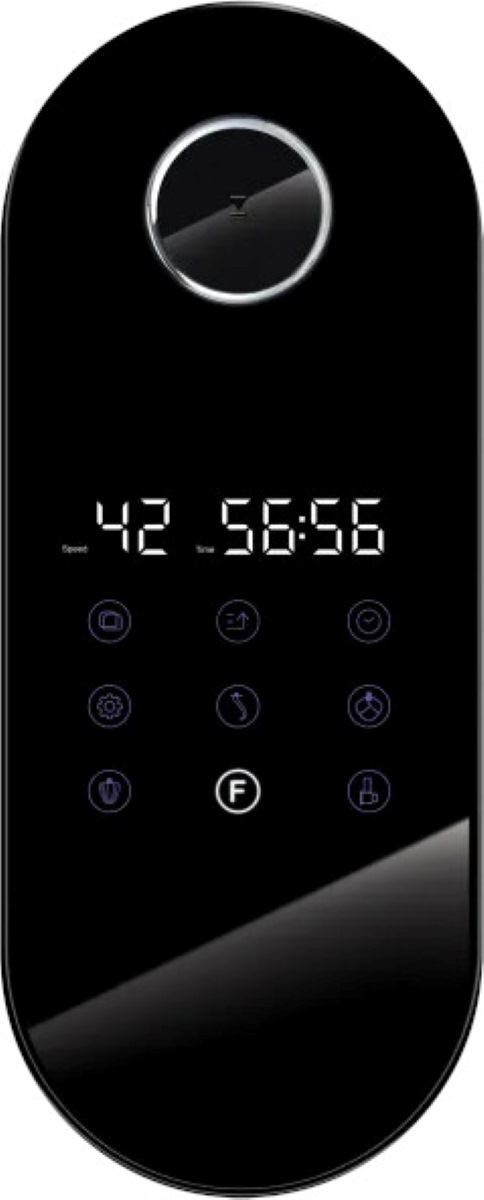 Czarny panel sterowania z wyświetlaczem cyfrowym i kilkoma przyciskami.