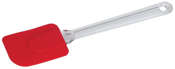 Czerwona silikonowa szpatułka z przezroczystym plastikowym uchwytem, na białym tle.