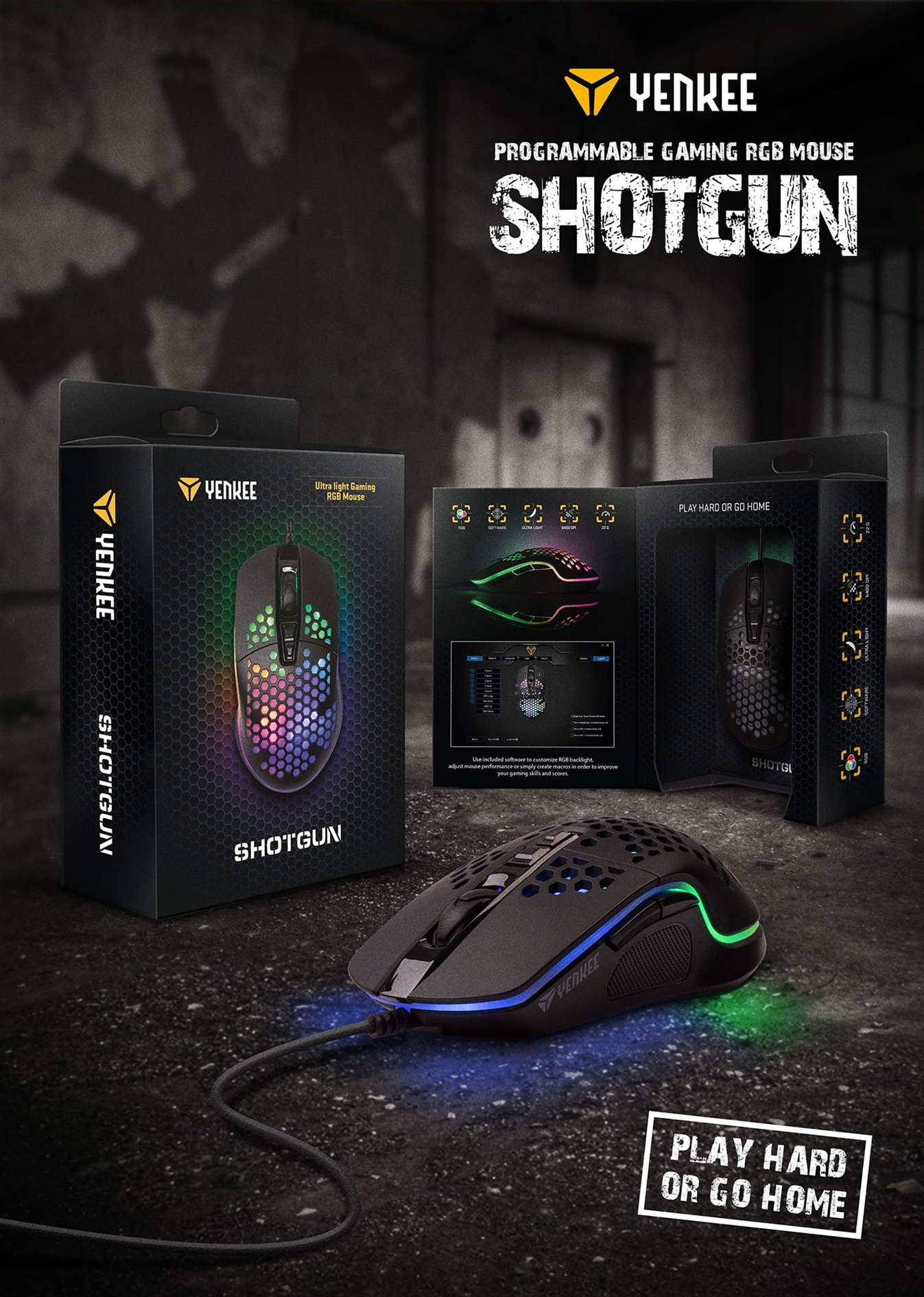 Egy gamer egér a dobozában. Az egér fekete, RGB világítással. A dobozon szöveg és grafika látható.