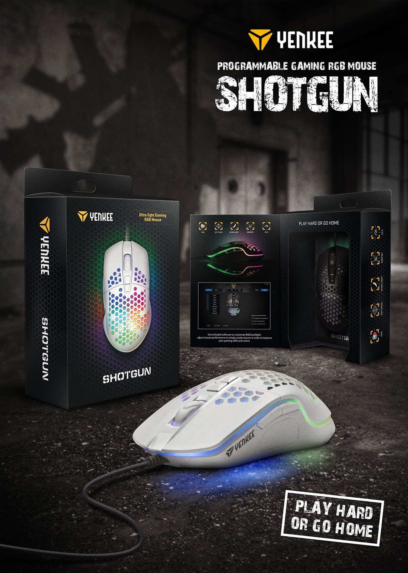 Gaming egér és dobozok. Fehér egér RGB világítással és YENKEE logóval.