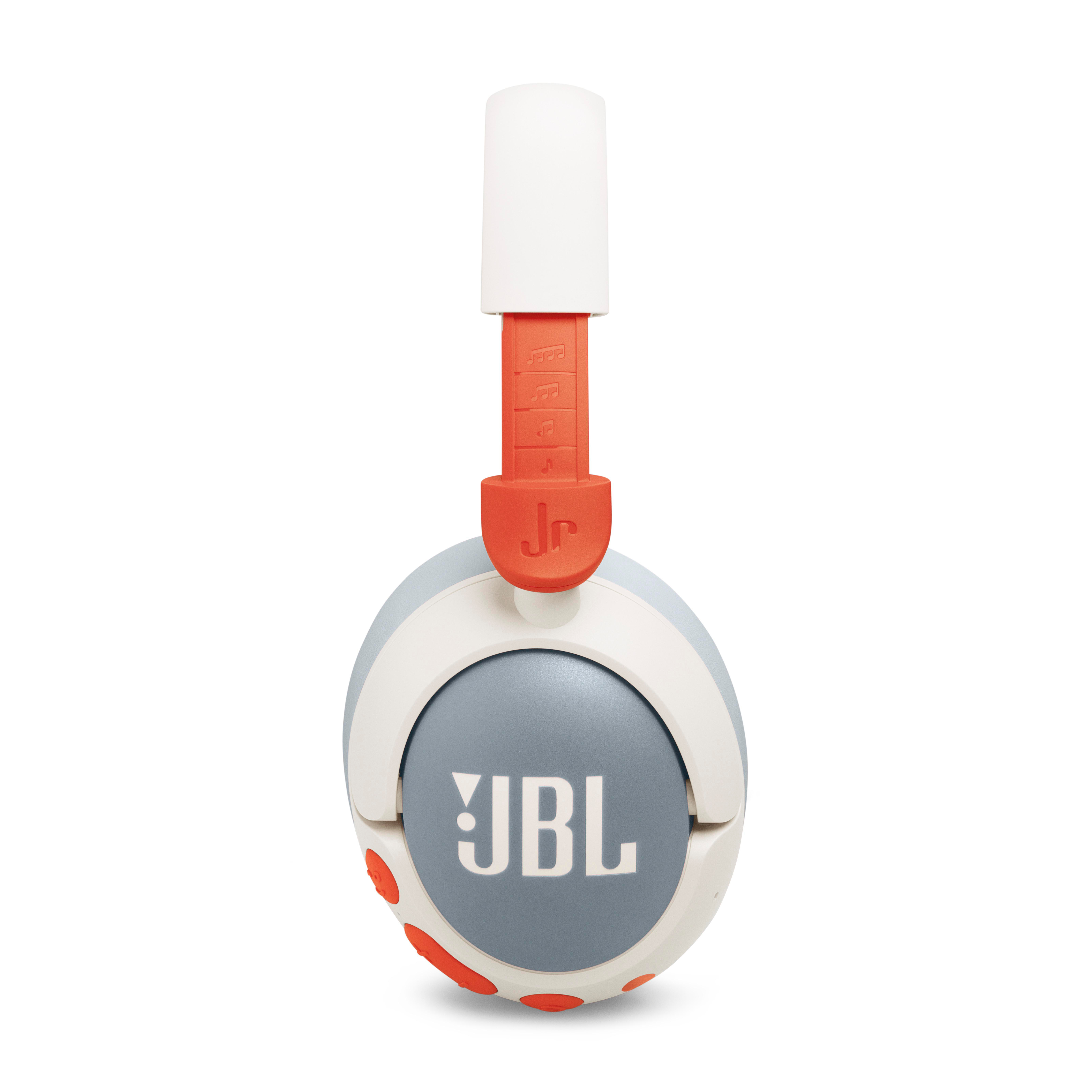 Weiße und rote JBL-Kopfhörer. Die Kopfhörer haben eine blau/graue Ohrmuschel und rote Akzente.