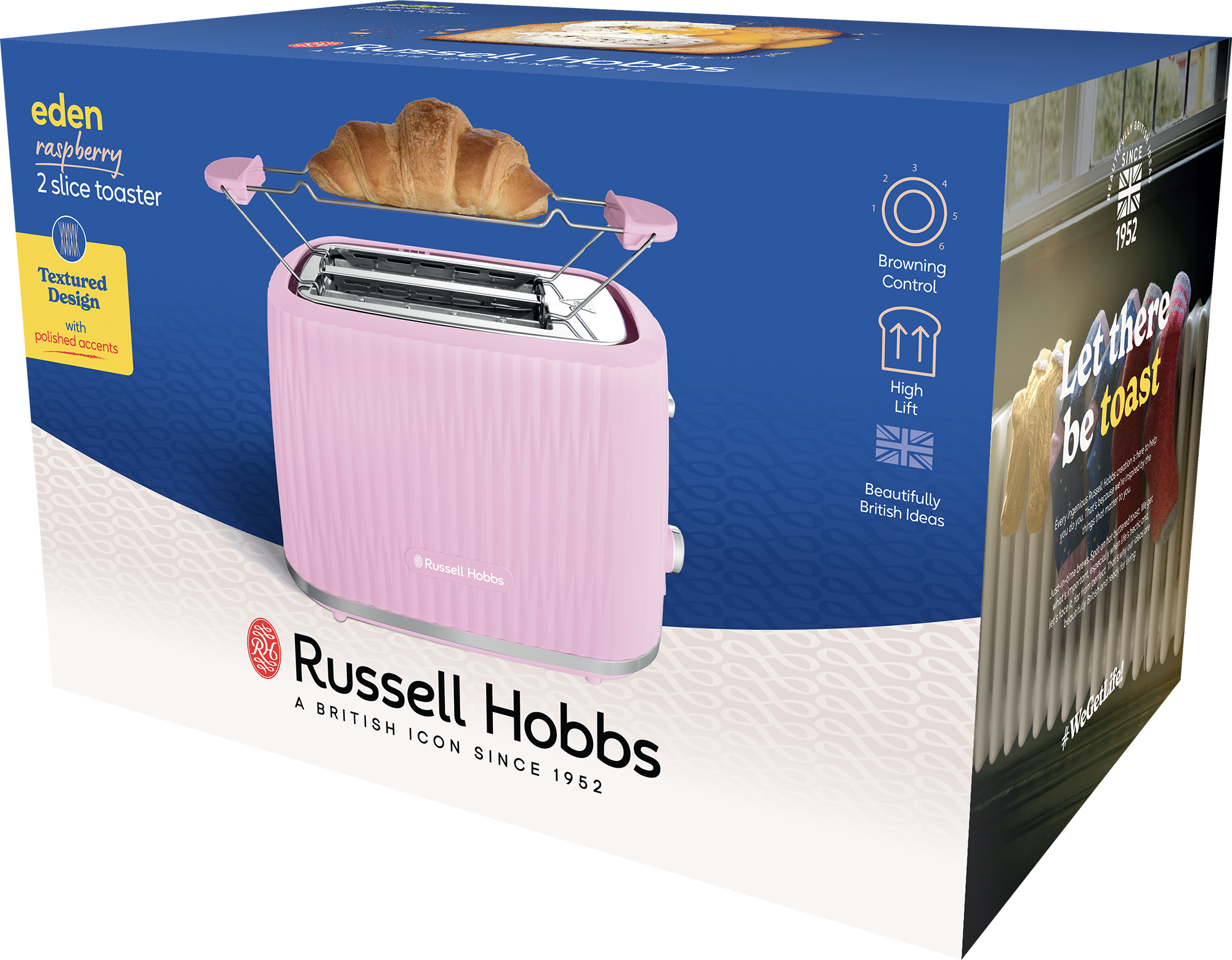 Egy rózsaszín Russell Hobbs 2 szeletes kenyérpirító croissant-nal, a dobozában.