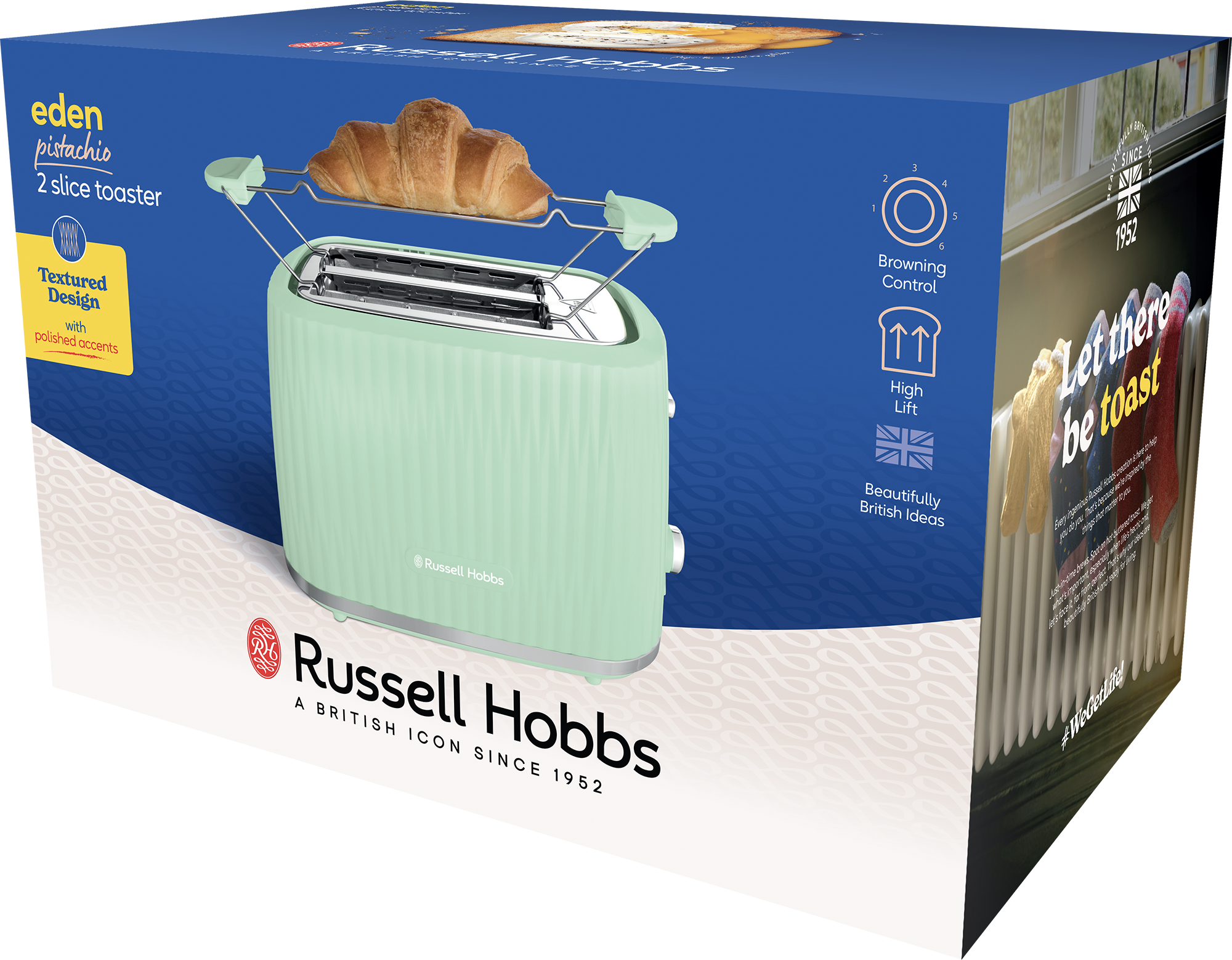 Egy mentazöld kenyérpirító doboz, benne egy croissant-val. A szöveg szerint: Eden pisztácia, 2 szeletes kenyérpirító. A Russell Hobbs márka látható.