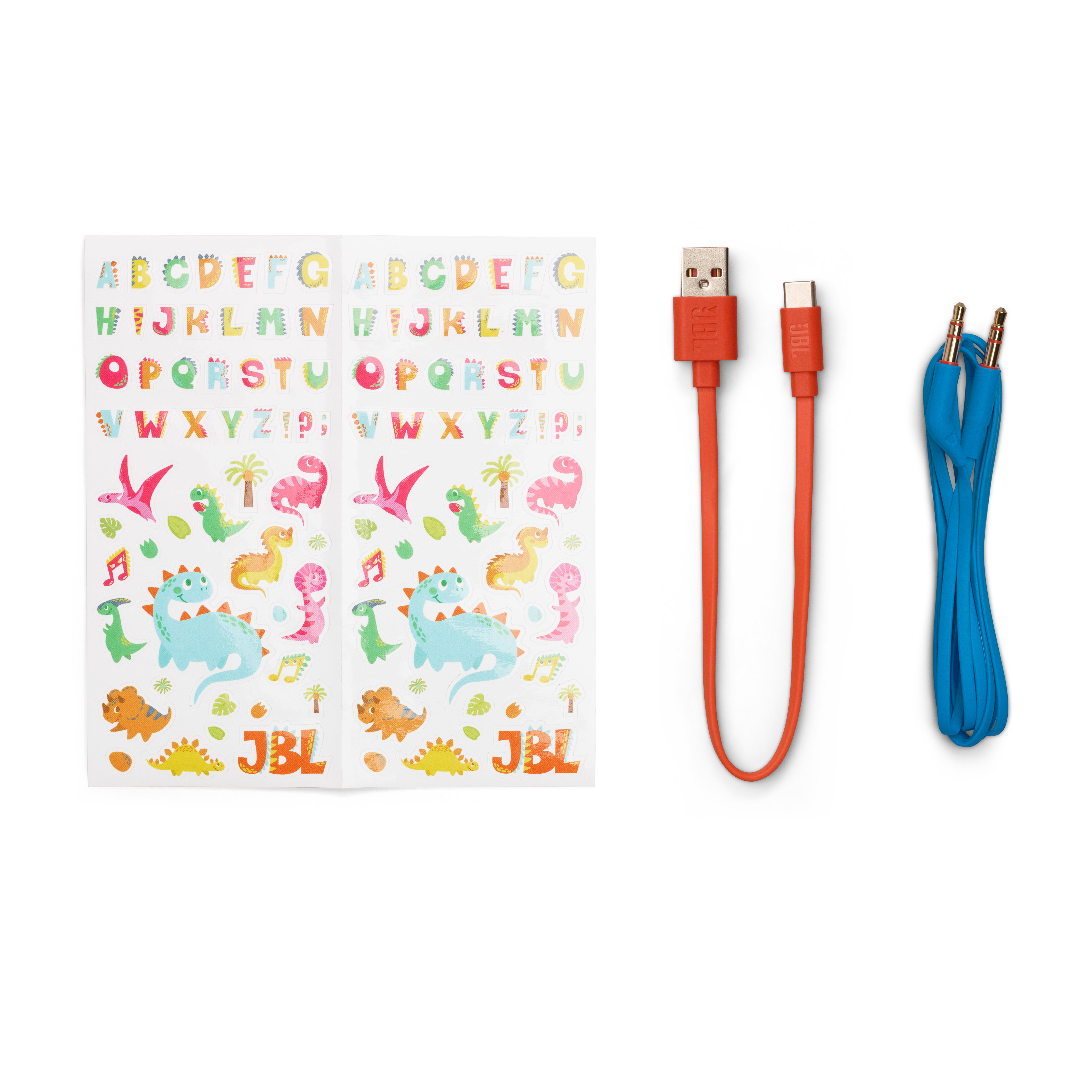 JBL-Kopfhörer-Zubehör: Aufkleber, oranges USB-Kabel, blaues Audiokabel.