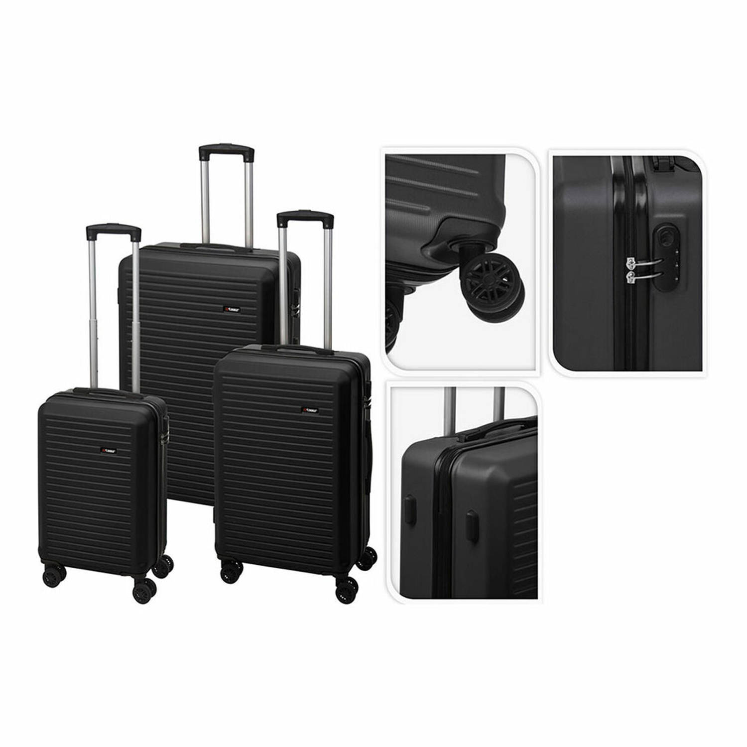 Set zwarte koffers, met close-up details van wielen, sloten en handgrepen.