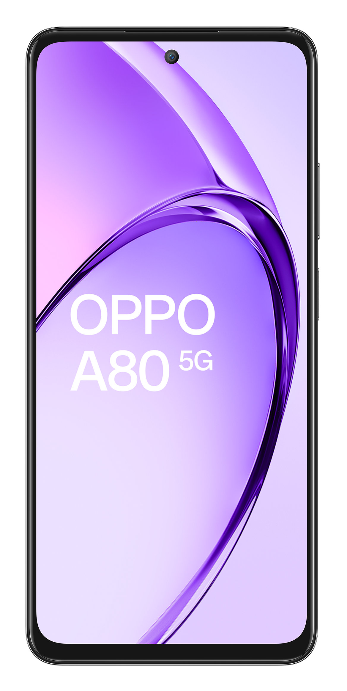 Smartfon OPPO A80 5G, widok z przodu, na jasnofioletowym tle z abstrakcyjnym wzorem.