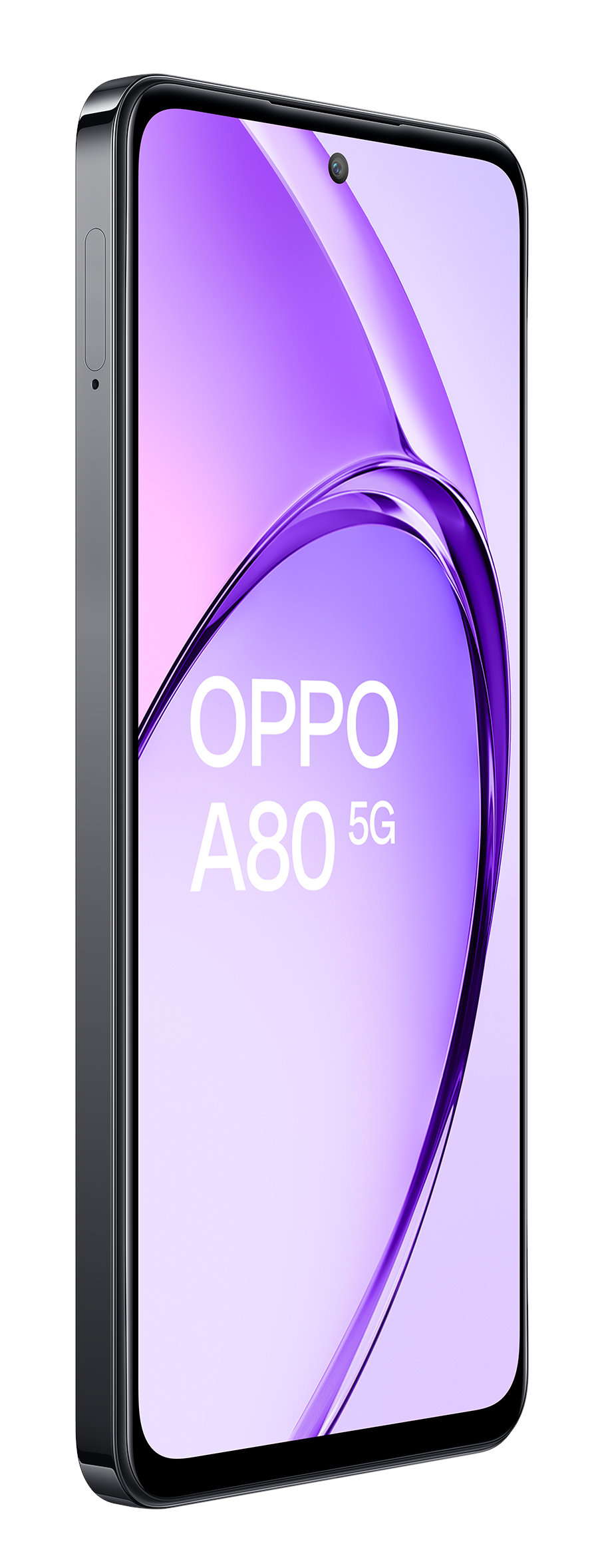 Smartfon, pokazujący ekran OPPO A80 5G, w ujęciu studyjnym.