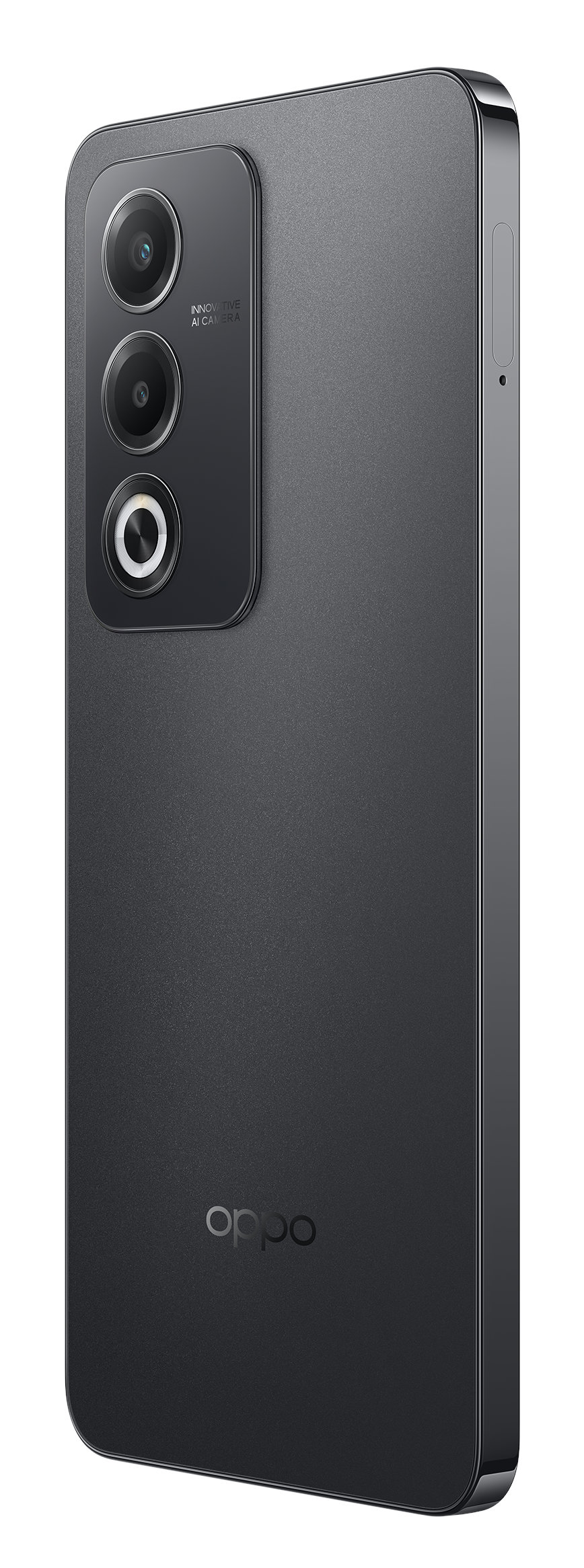 Ciemnoszary telefon z trzema aparatami i logo Oppo. Telefon jest ustawiony pod kątem.