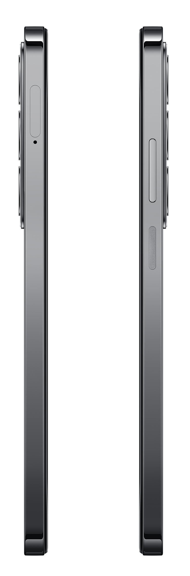 Dwa telefony z boku, pokazujące panel boczny. Srebrny kolor, z przyciskami aparatu i głośności.