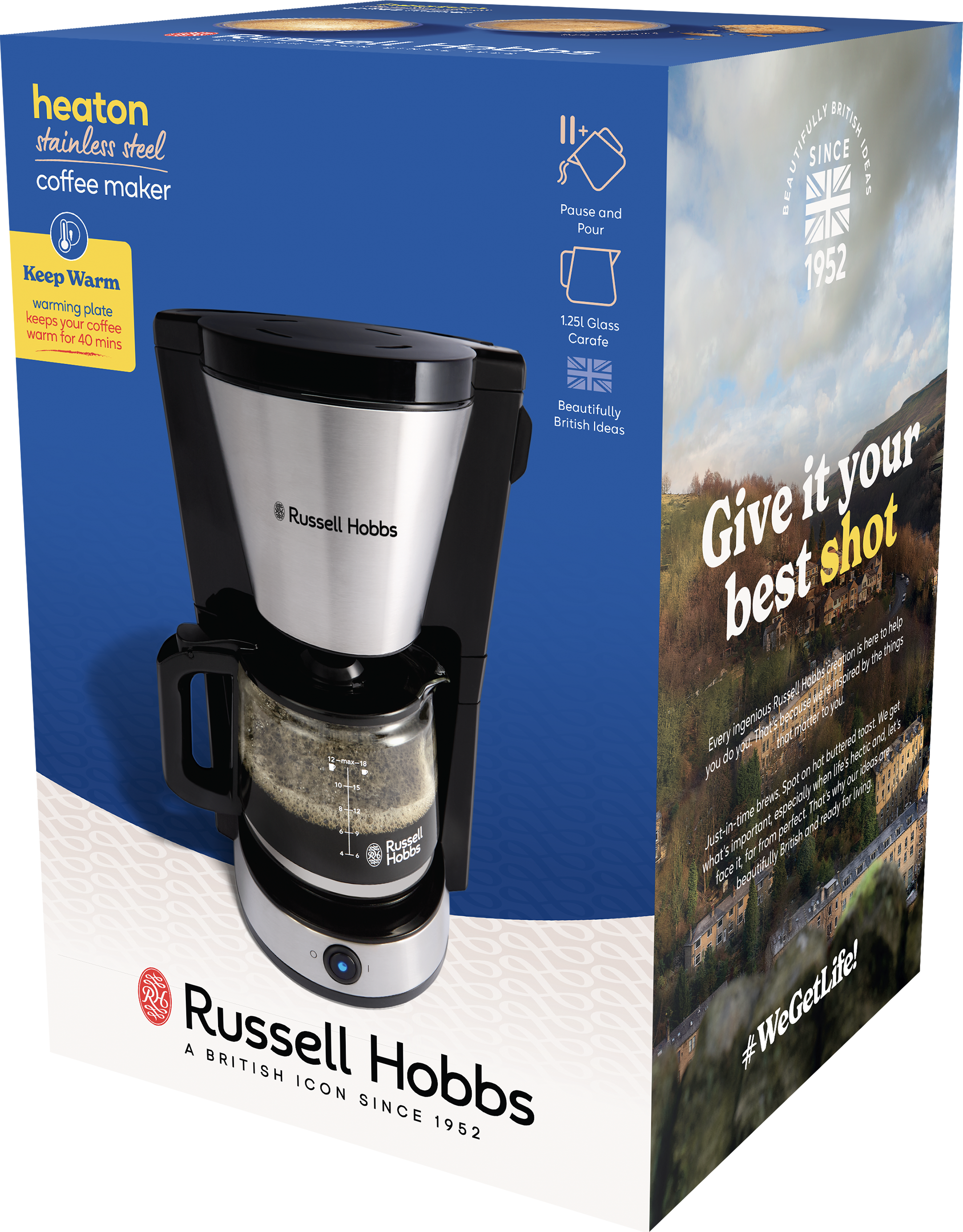 Dobozos Russell Hobbs kávéfőző. Fekete és ezüst, üvegkancsóval. A dobozon szöveg és képek vannak.