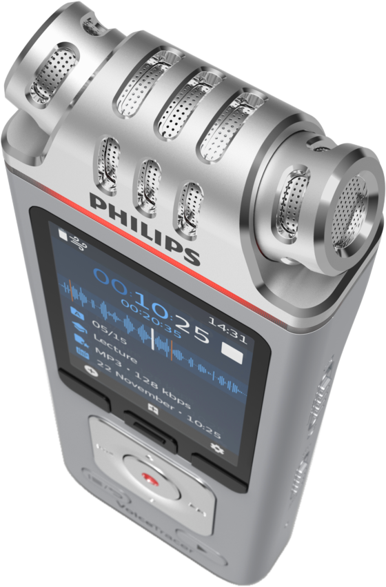 Silberner Philips VoiceTracer. Das Gerät nimmt mit Bildschirm auf.
