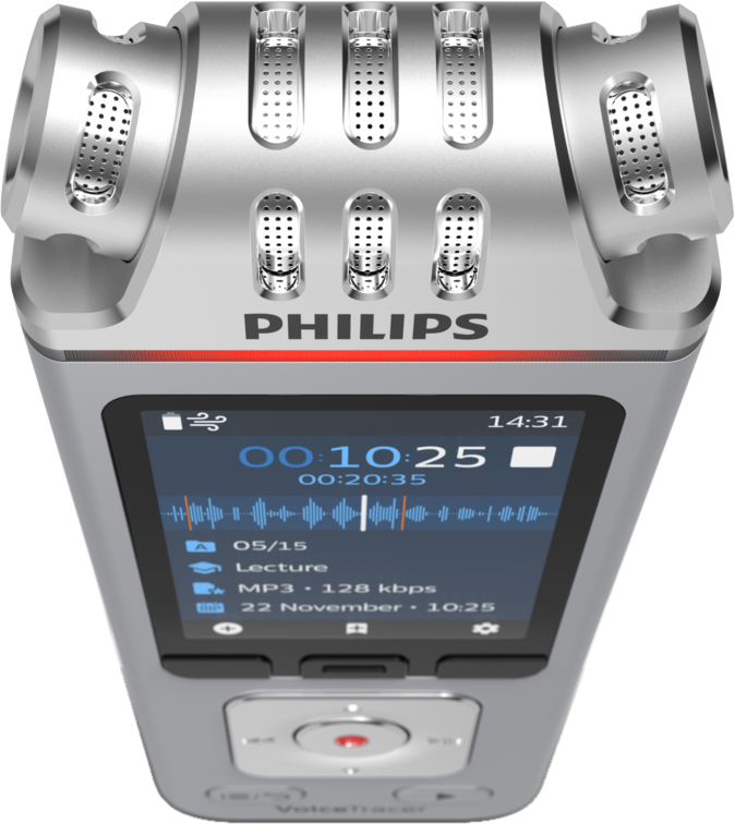 Ein silbernes Philips-Diktiergerät mit einem Bildschirm, der Audioinformationen anzeigt.