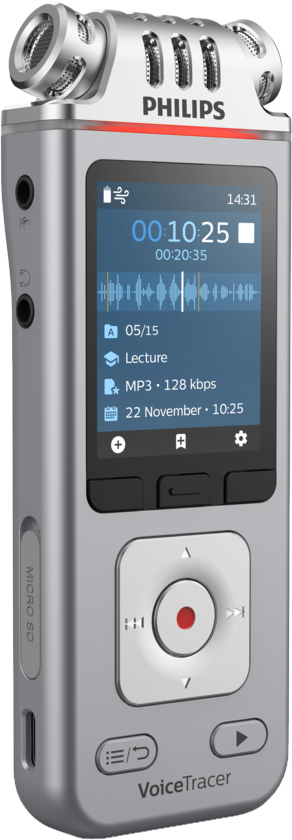 Silberner Philips VoiceTracer. Anzeige zeigt Aufnahmeinfos und Details.