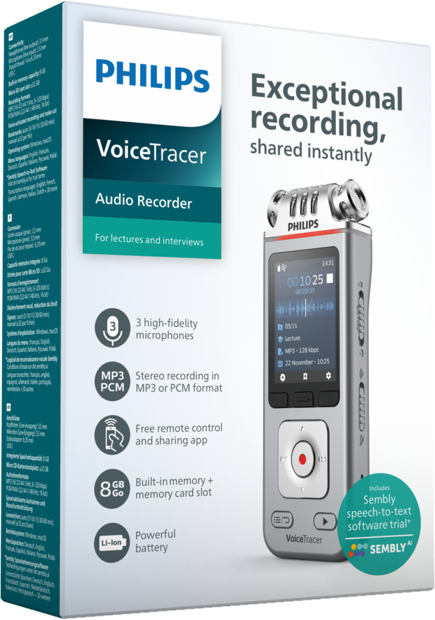 Audiorecorder, silber und schwarz. Die Box zeigt Rekorder, Text und Funktionen.
