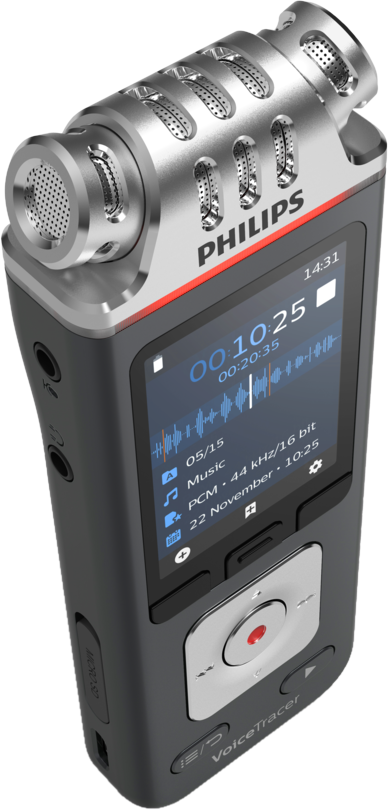 Silberner Philips VoiceTracer Recorder mit Bildschirm, der Aufnahmeinformationen anzeigt.