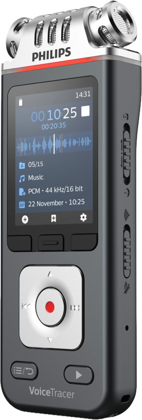 Schwarzer Philips VoiceTracer. Bildschirm zeigt Audio-Wellenform und Informationen. Rote Aufnahmetaste hervorgehoben.