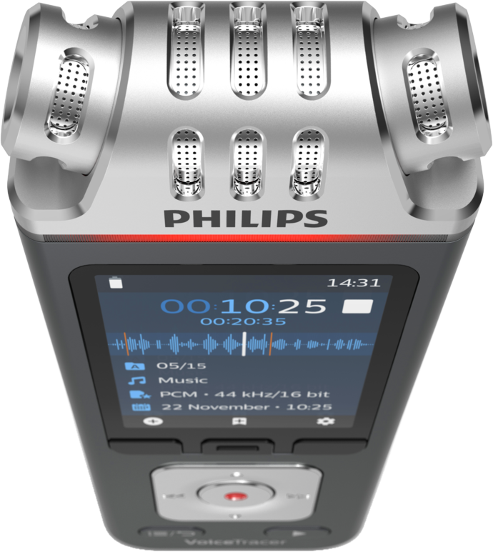 Silberner Philips-Diktierrekorder mit Display, das Aufnahmezeit und Details zeigt.