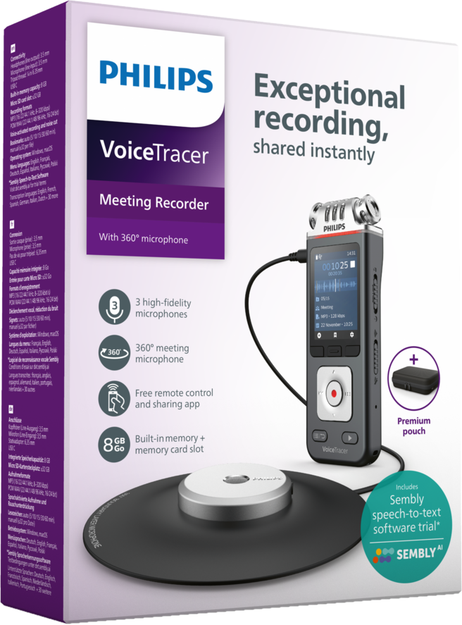 Ein Philips VoiceTracer-Rekorder in einer Box. Er hat einen Bildschirm und ein Mikrofon. Inklusive Premium-Etui.