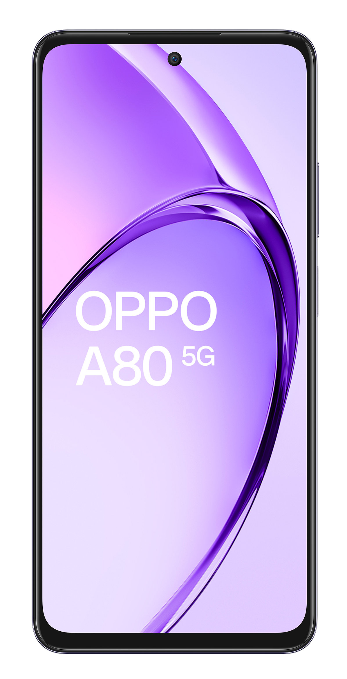 Smartfon z dużym ekranem wyświetlającym fioletowo-biały abstrakcyjny wzór.