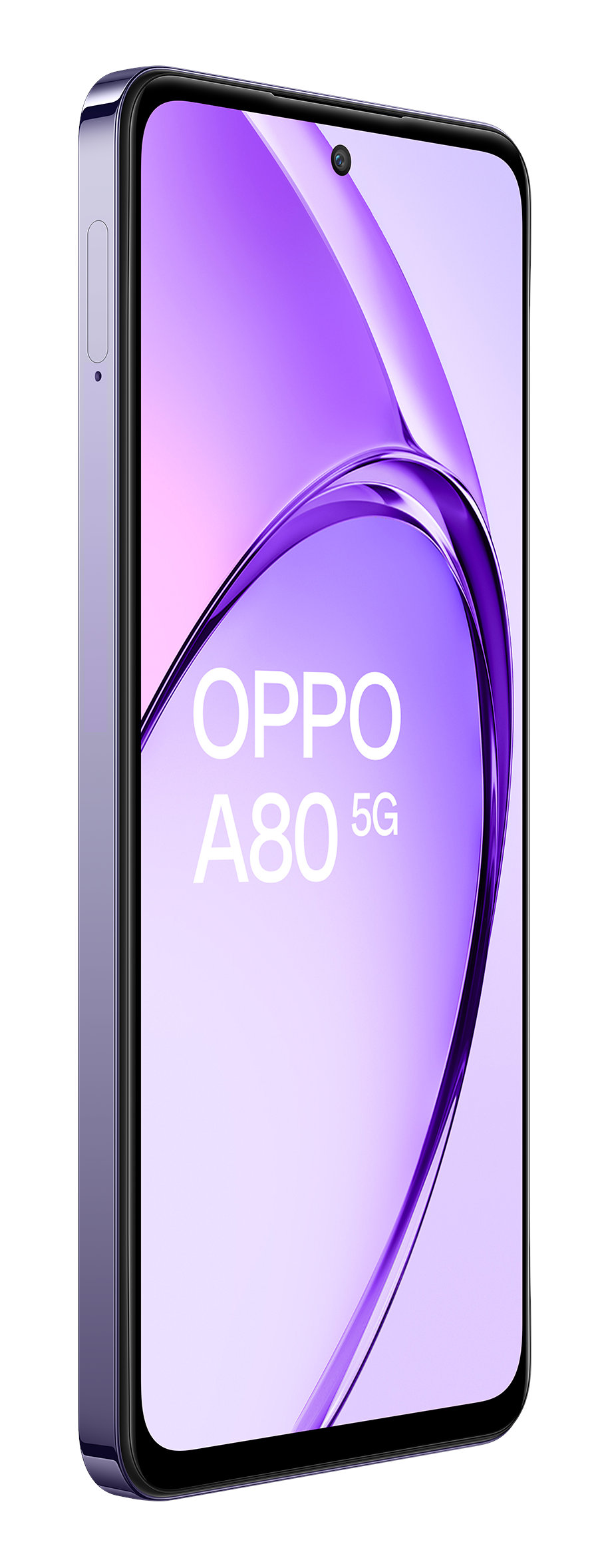 Fioletowy smartfon, pod kątem, pokazujący wyświetlacz.
