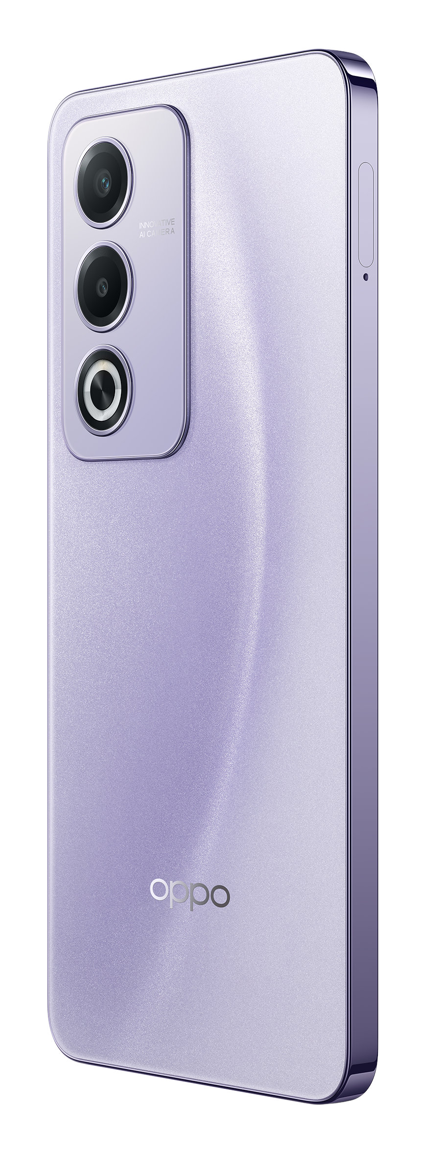 Fioletowy telefon Oppo z trzema aparatami, widok z boku.