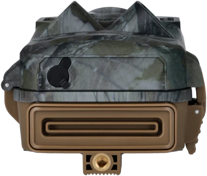 Caméra de surveillance à motif camouflage, base marron, lentille noire, trou de vis pour fixation.