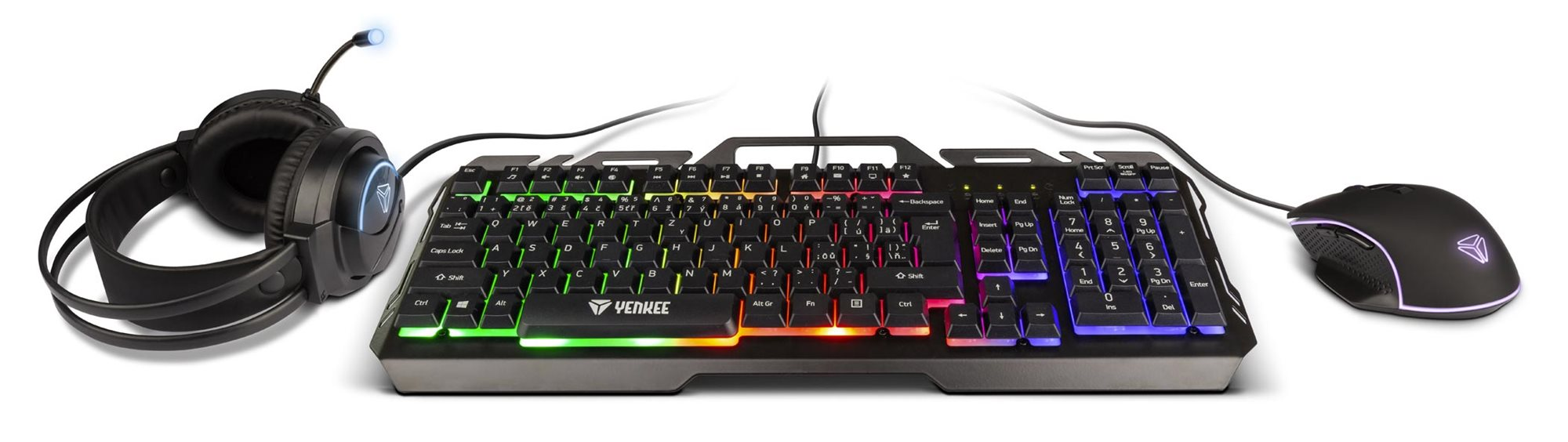Egy fekete játékbeállítás: headset, RGB világítással rendelkező billentyűzet és egy egér. Fehér háttér.