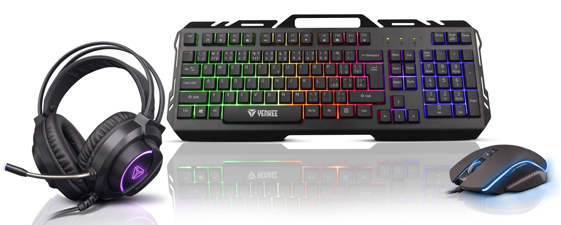 Gaming beállítás billentyűzettel, fejhallgatóval és egérrel, RGB-világítással.