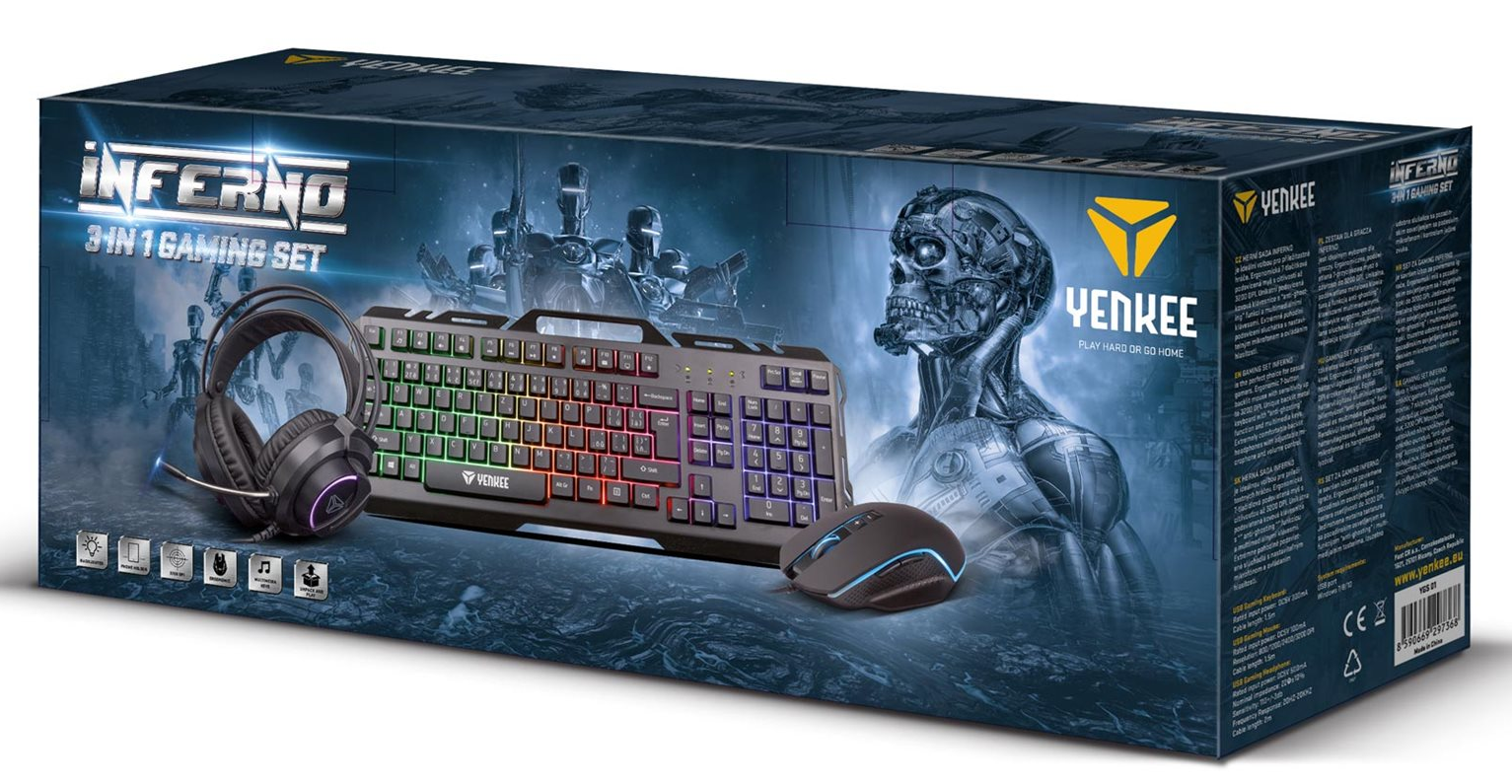 Gaming szett doboz fejhallgatóval, billentyűzettel és egérrel. A dobozon koponya és sci-fi figurák láthatók.