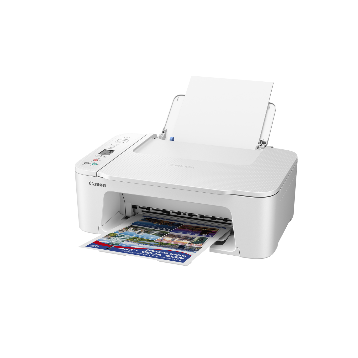 Witte Canon-printer die een foto afdrukt. De printer staat op een wit oppervlak.