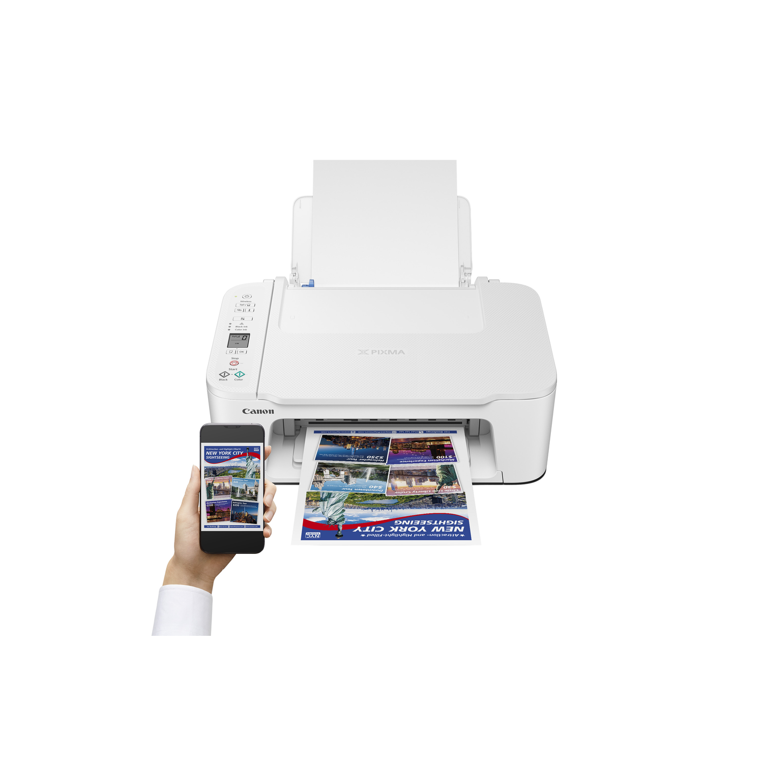 Witte Canon-printer print een document terwijl een hand een telefoon met een foto vasthoudt.