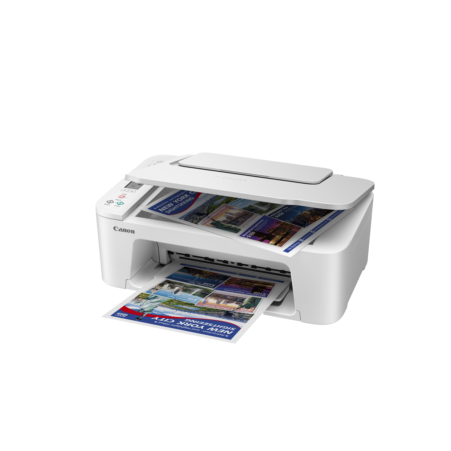 Een witte Canon-printer print twee vellen papier met afbeeldingen erop.