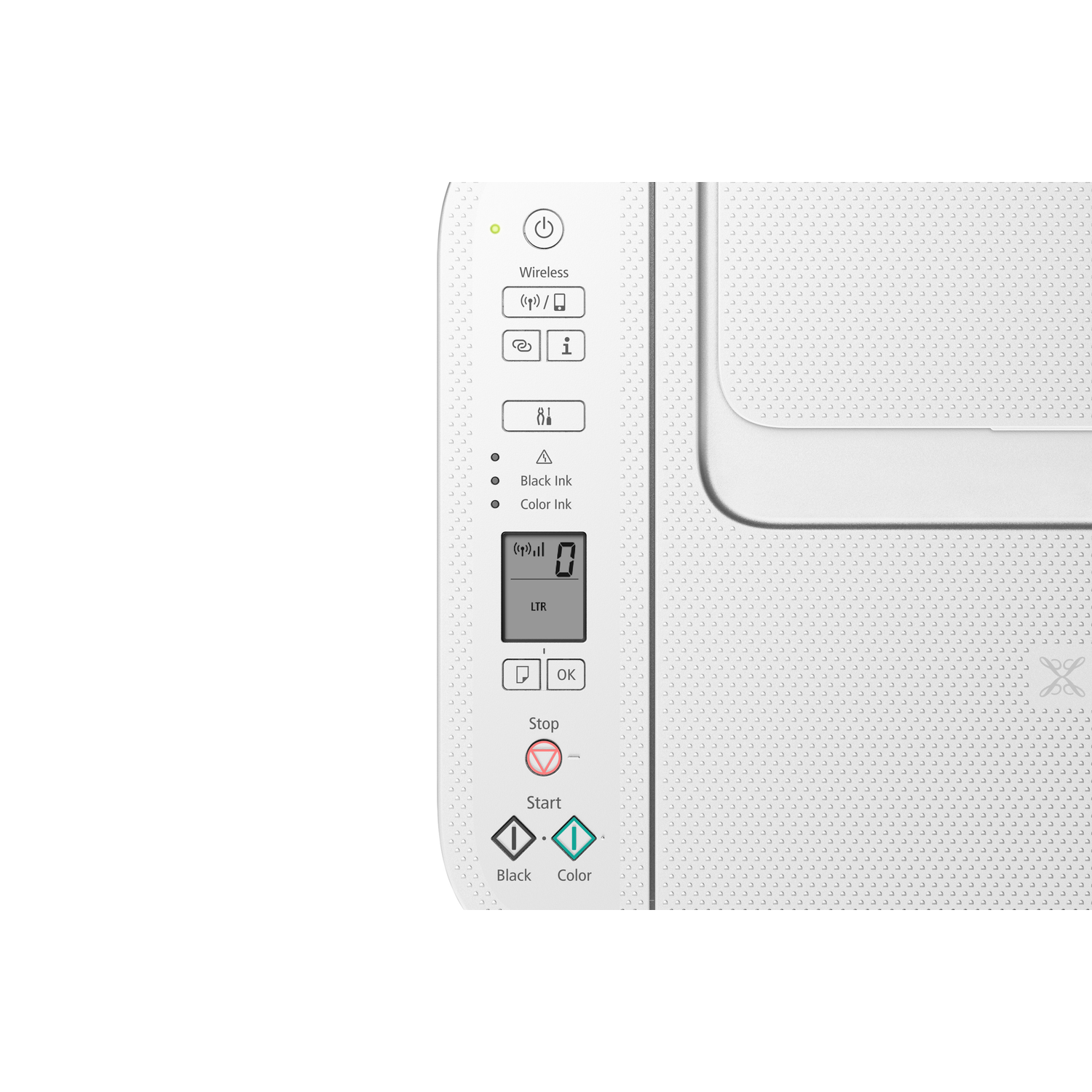 Een close-up van het bedieningspaneel van een witte printer. Knoppen voor zwarte inkt, kleure inkt en draadloos.