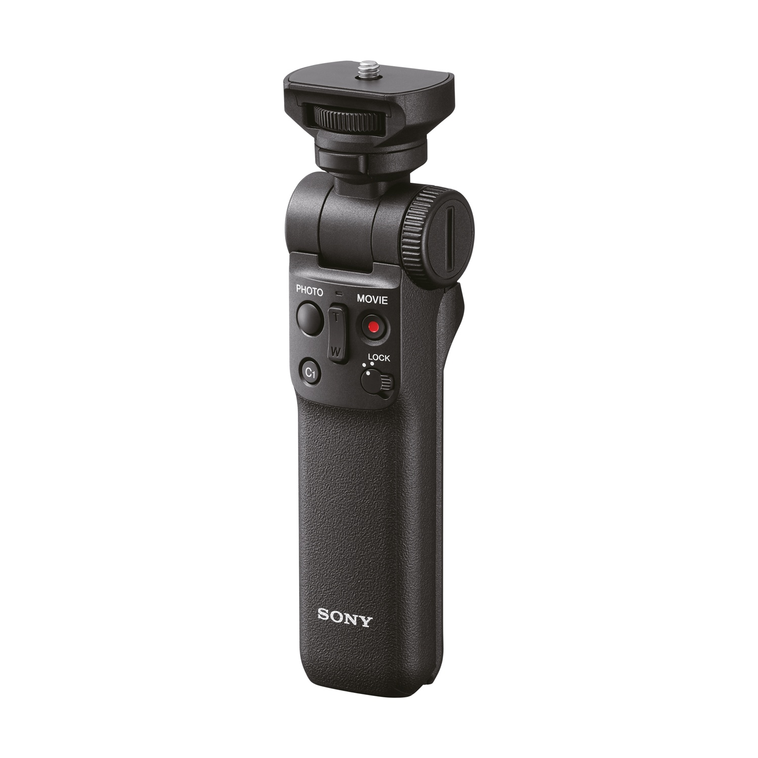 Treppiede per fotocamera nero con pulsanti e logo Sony, isolato su bianco.