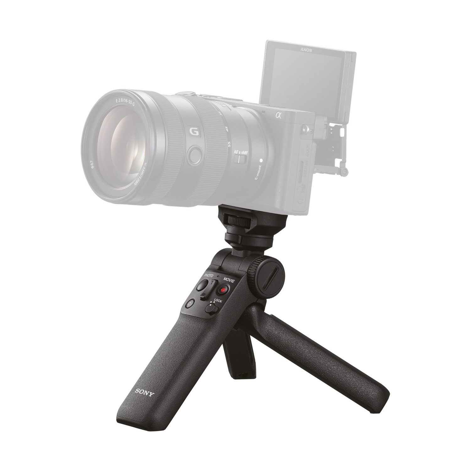 Fotocamera Sony su un treppiede con un'impugnatura di controllo.