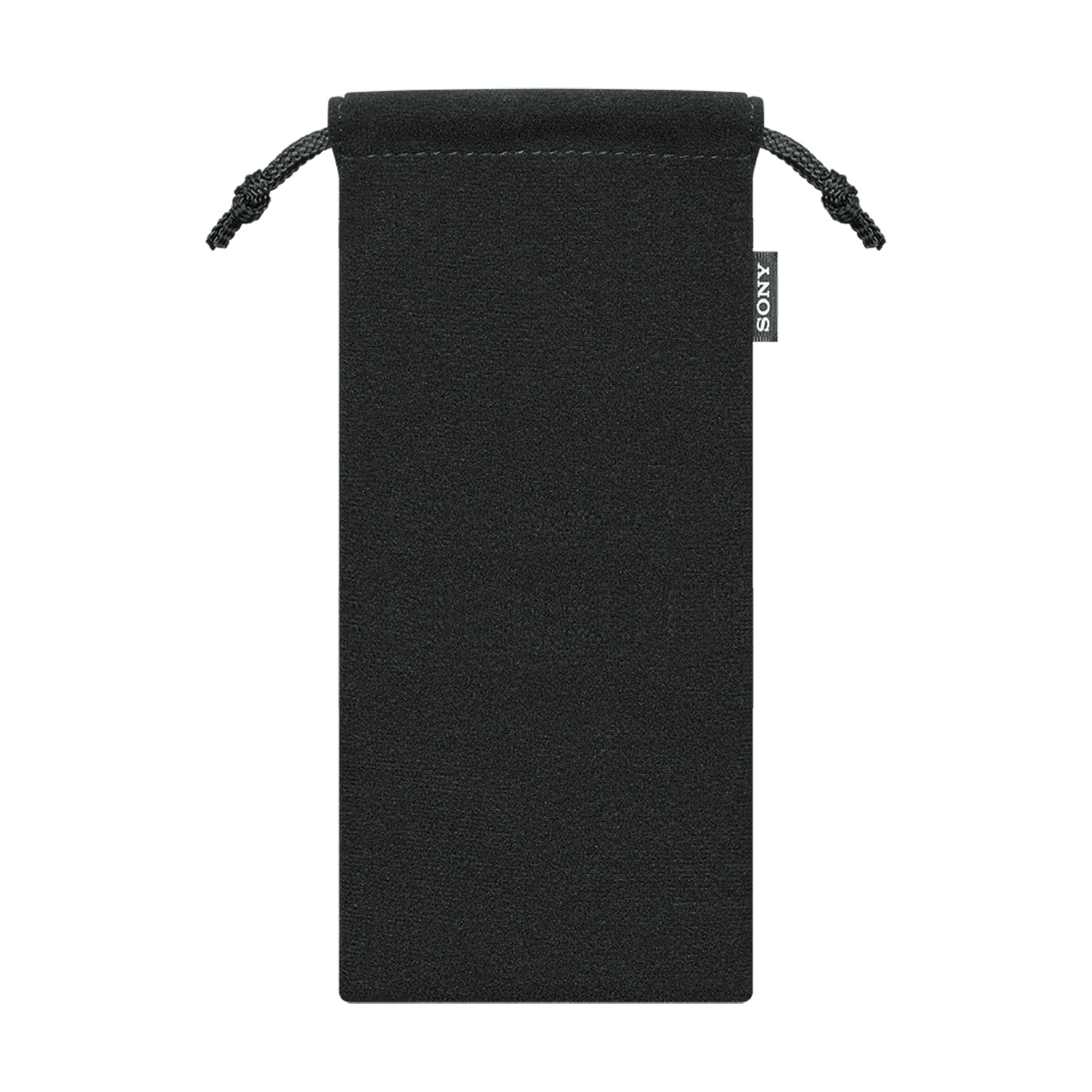Custodia per occhiali Sony nera. Chiusura con coulisse ed etichetta Sony. Sfondo scuro.