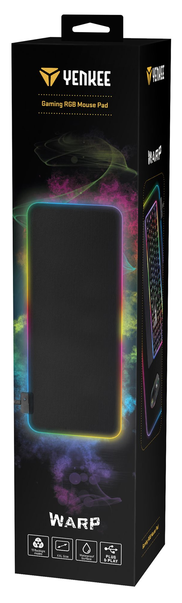 Gaming RGB egérpad fekete dobozban billentyűzettel és egérrel.