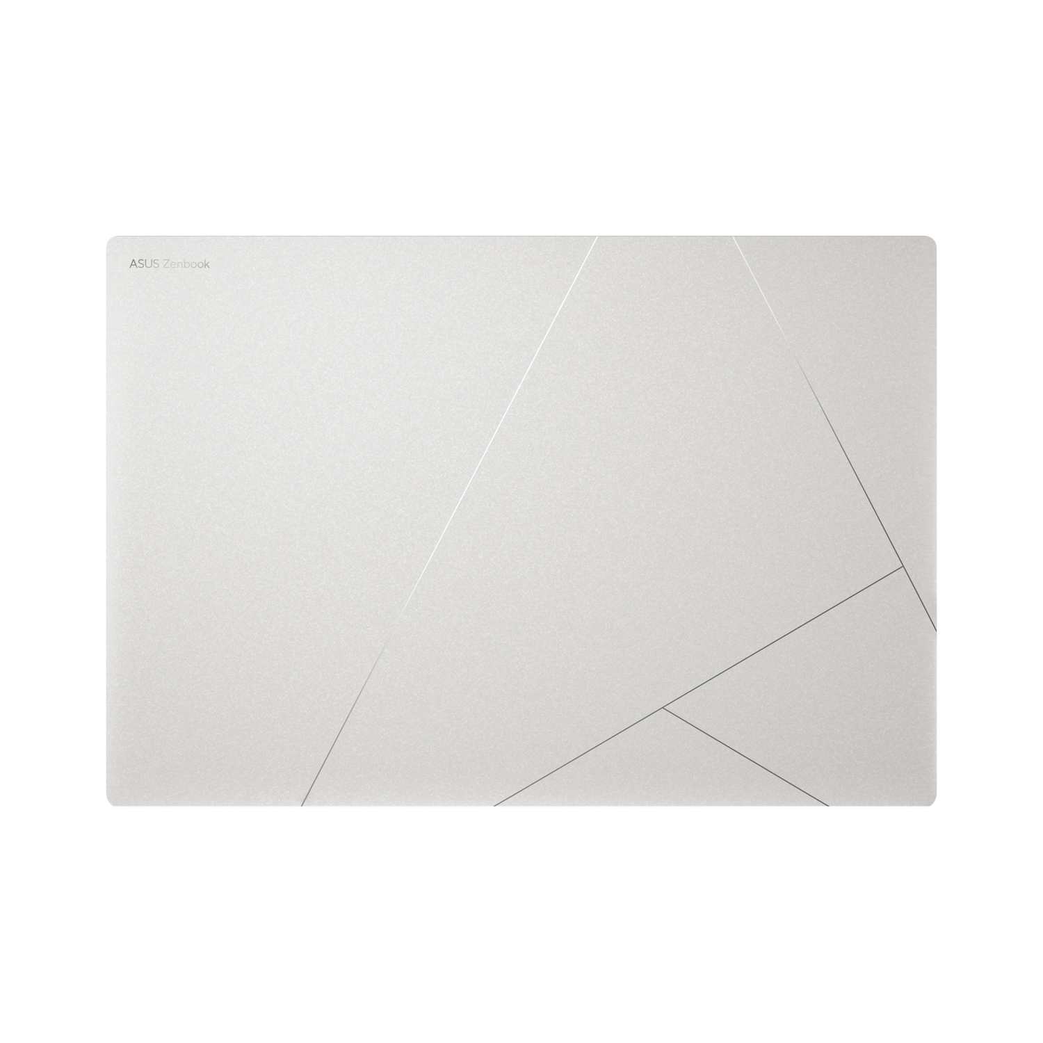 Ordenador portátil blanco. La parte superior del portátil es blanca con líneas diagonales y un pequeño logotipo.
